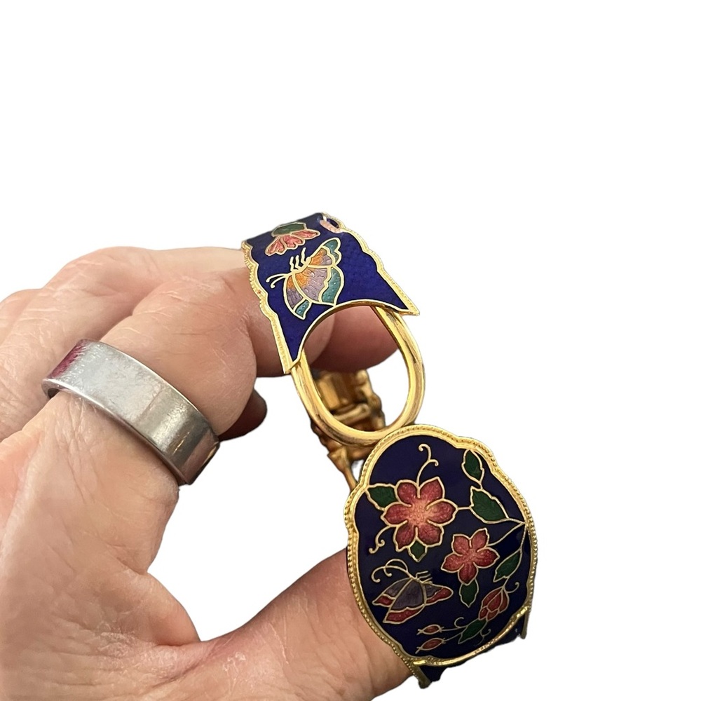 Vtg Enamel Flower Butterfly Multicolor Cloisonné Gold Tone Bracelet Cuff Bangle - Picture 10 of 12